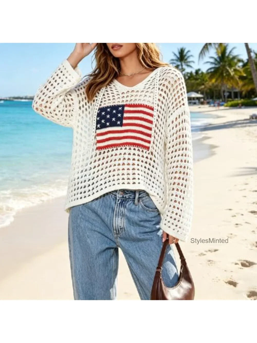 American Flag Crochet Hoodie Long Sleeve Hollow Out Knit Sweater Beach Cover Up